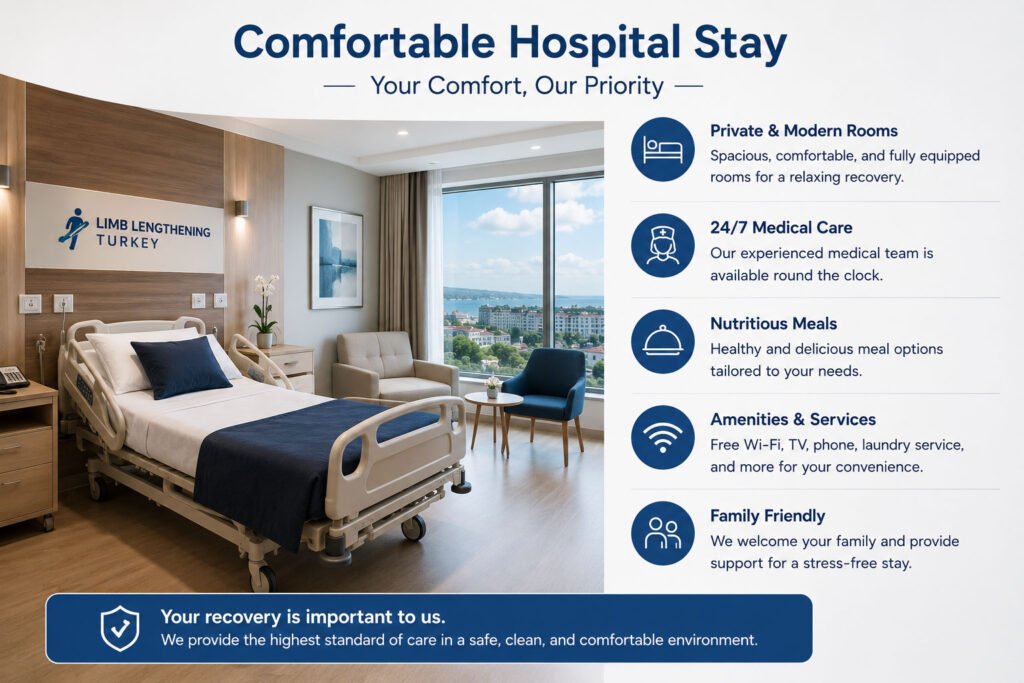 Modern private hospital room for limb lengthening recovery in Turkey