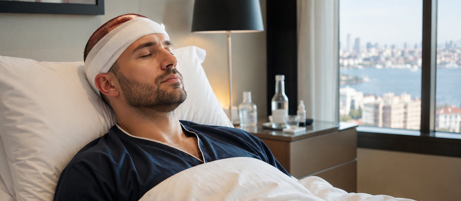Patient resting during the first day after a hair transplant procedure in Turkey