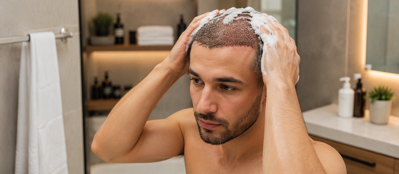 Patient gently washing hair during the first week after a hair transplant procedure