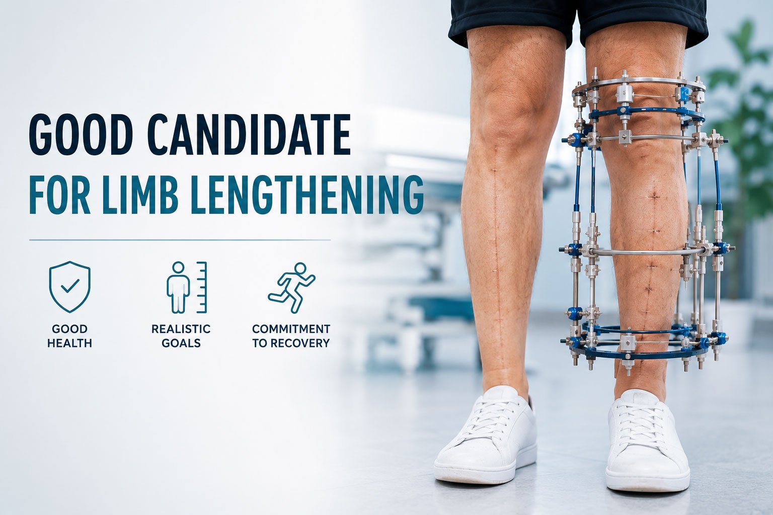 Patient with external fixator during limb lengthening surgery recovery in modern orthopedic clinic
