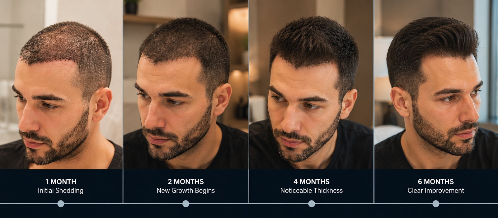 Hair transplant recovery and hair growth progress from month 1 to month 6