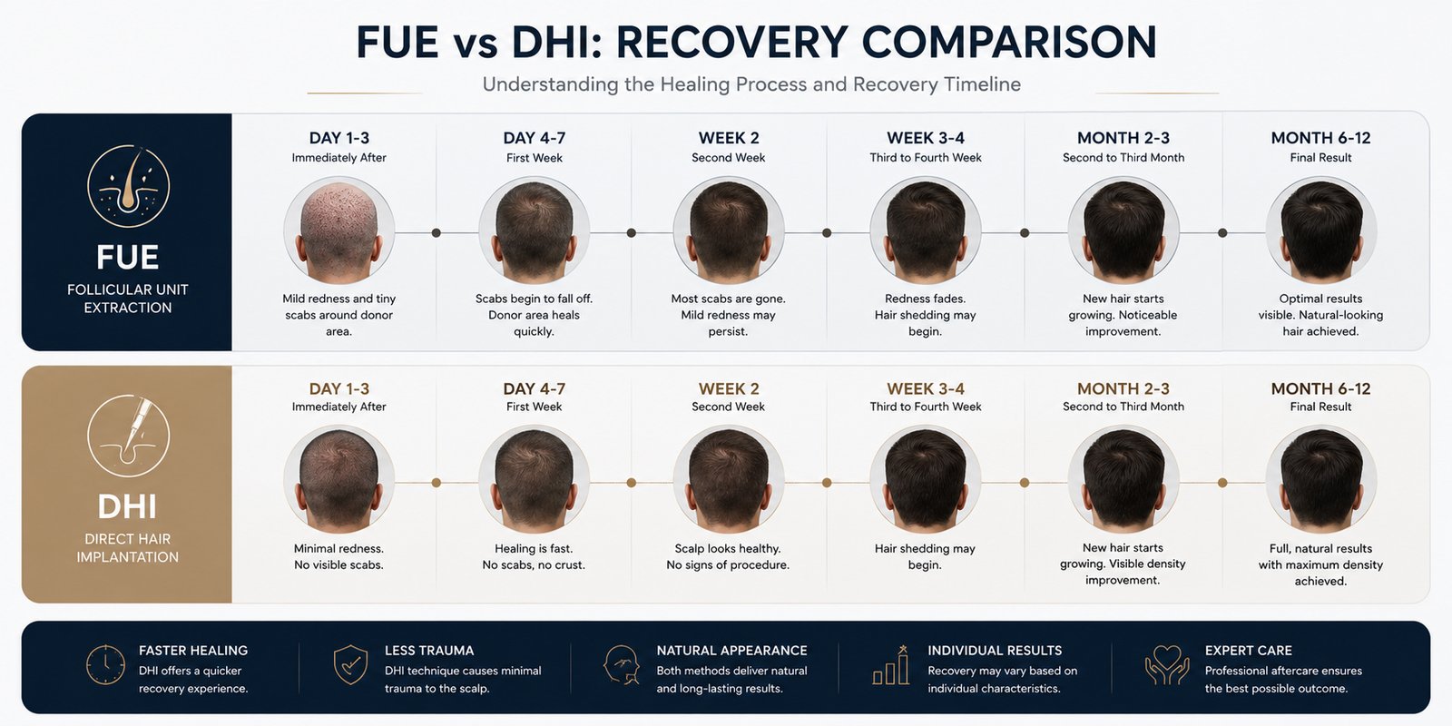 Hair transplant recovery timeline after FUE and DHI procedures