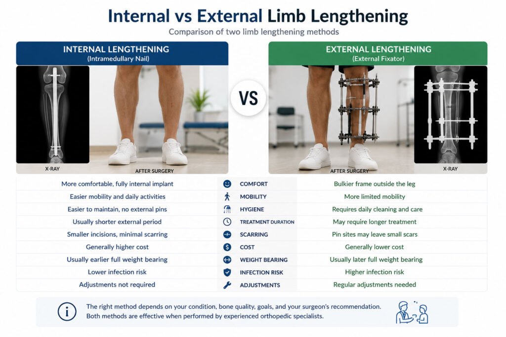 Comparison infographic of internal and external limb lengthening methods