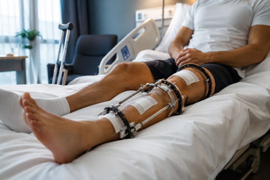 Patient recovering after limb lengthening surgery with external fixator in hospital room
