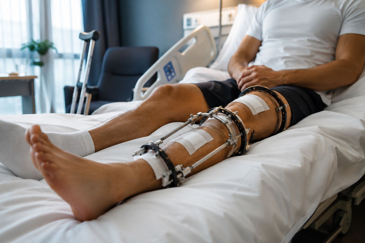Patient recovering after limb lengthening surgery with external fixator in hospital room