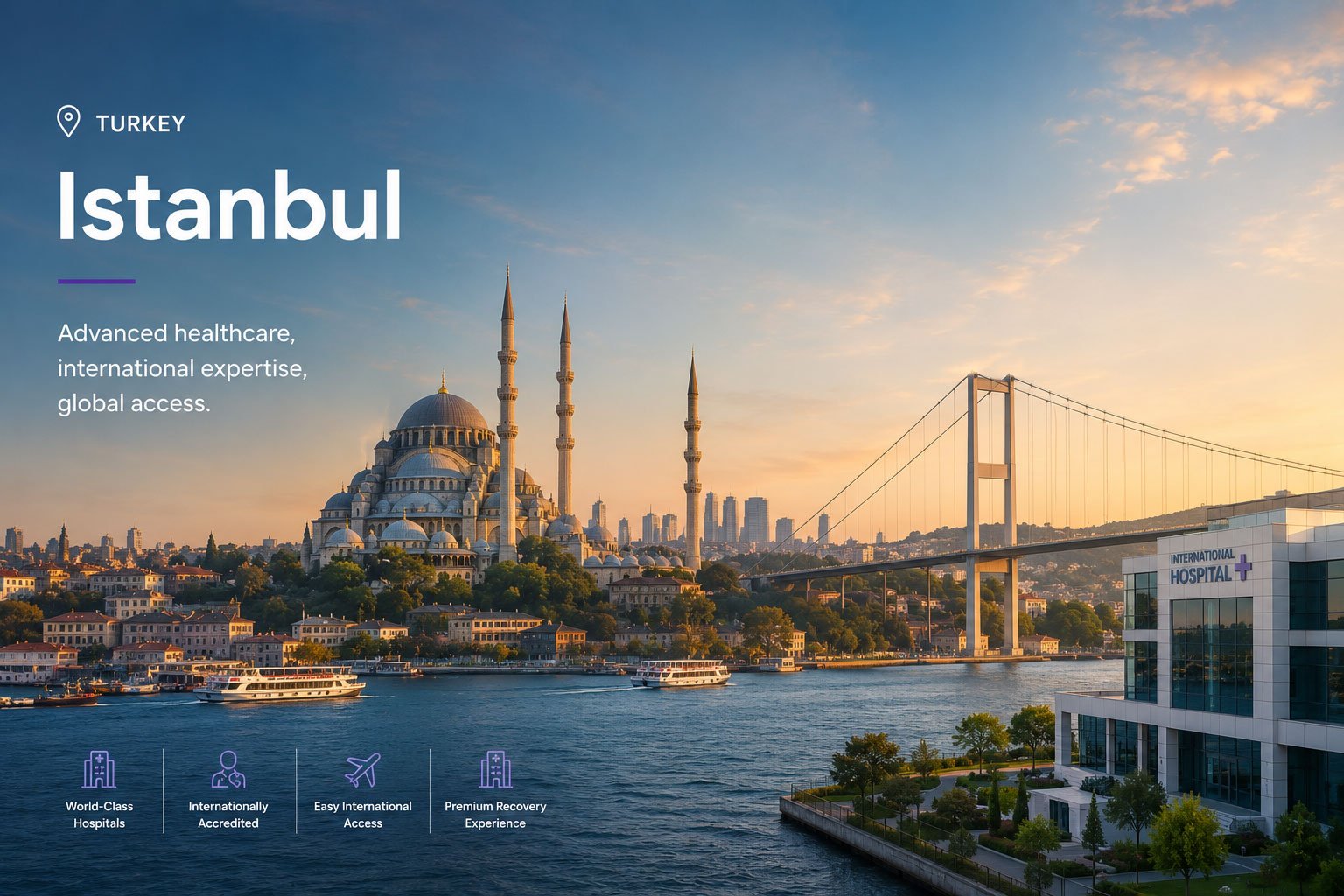 Istanbul medical tourism destination featuring modern hospitals, Bosphorus skyline, and premium healthcare services in Turkey.