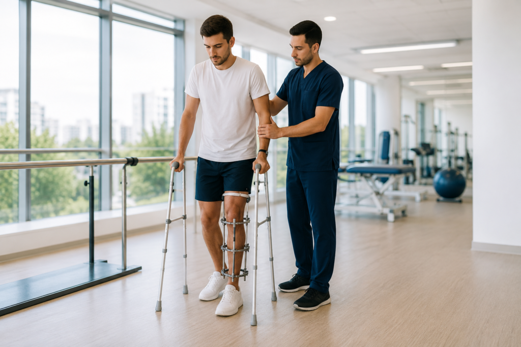 Patient walking with support during limb lengthening recovery in Turkey
