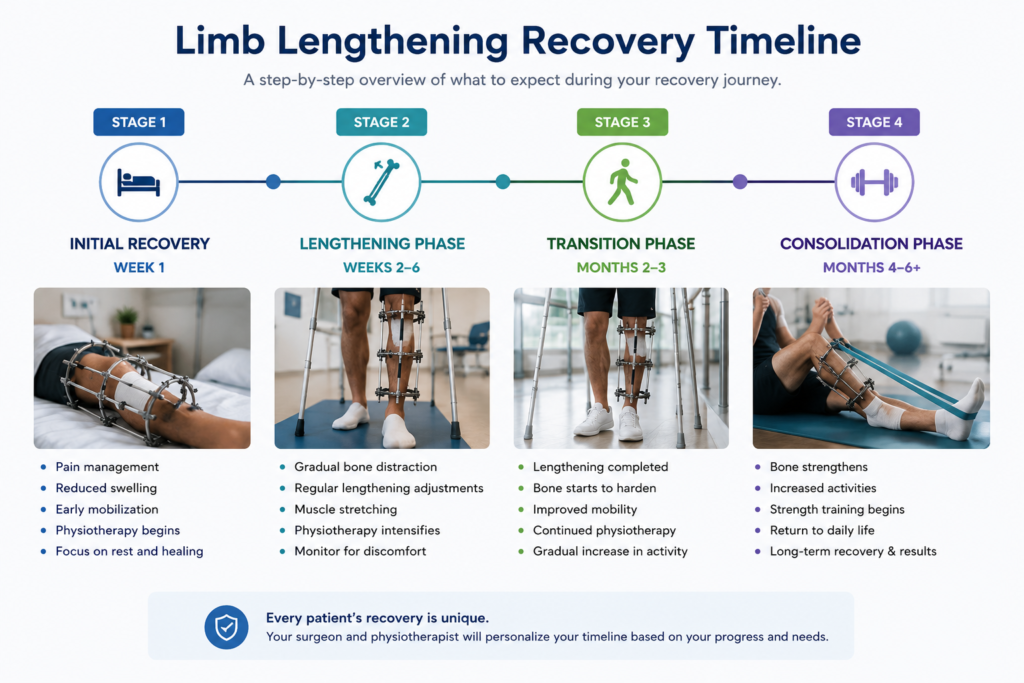 Limb lengthening recovery timeline infographic showing rehabilitation stages