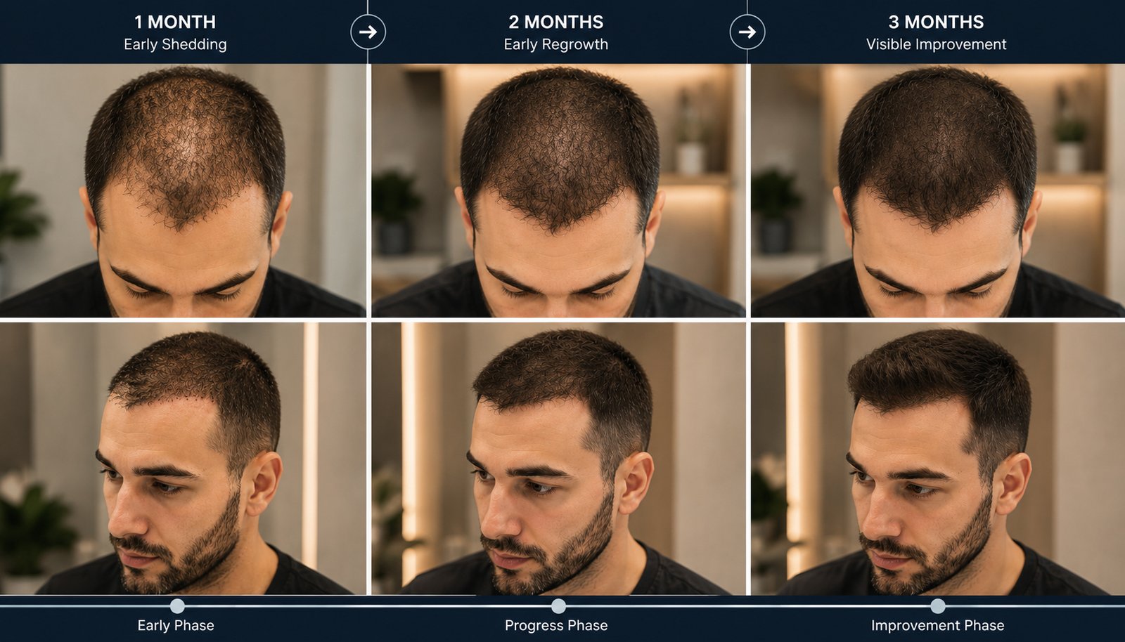 Early hair growth and recovery progress during months 1 to 3 after a hair transplant