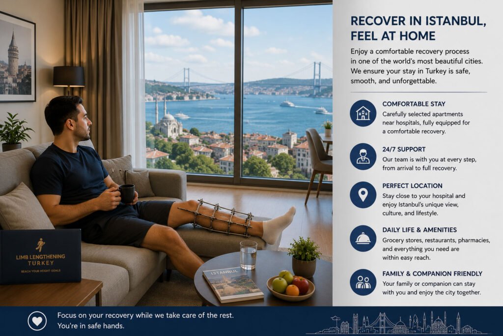 International patient recovering in a modern Istanbul apartment after limb lengthening surgery