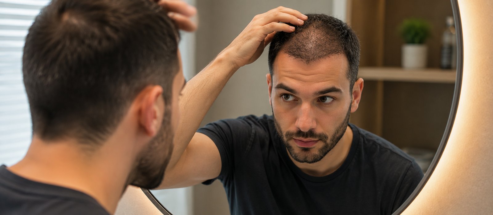 Patient checking hair growth and shedding progress during weeks 2 to 4 after a hair transplant